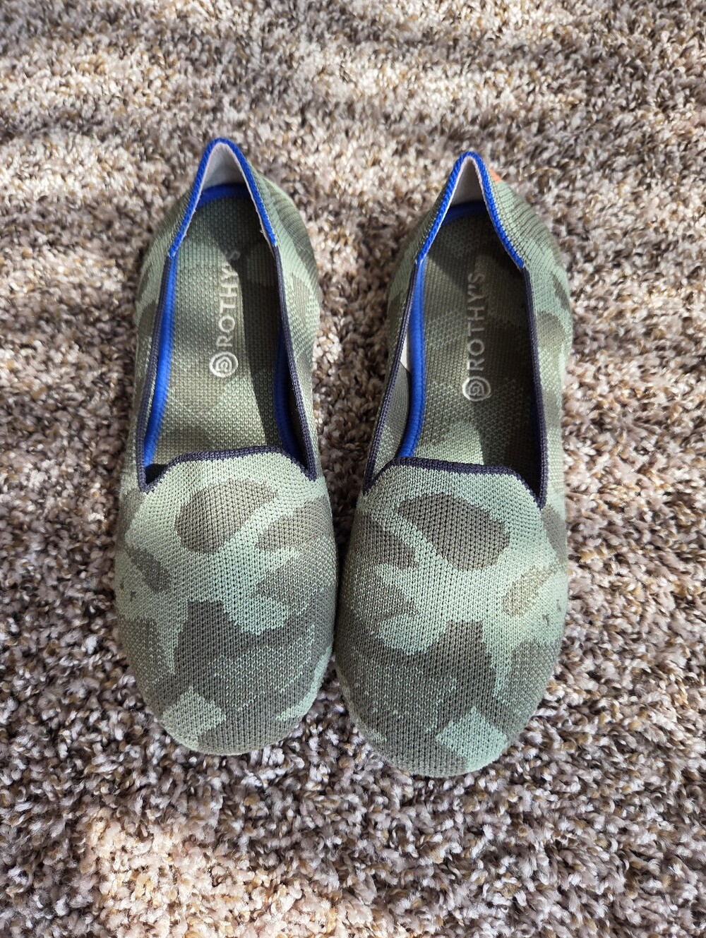 Rothy's Kids Green Camo Knit Slip-On Flats with Blue Trim